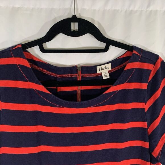 Hatley Knee Length Dress Large Blue Red Striped Round Meck Short Sleeve - Picture 2 of 10